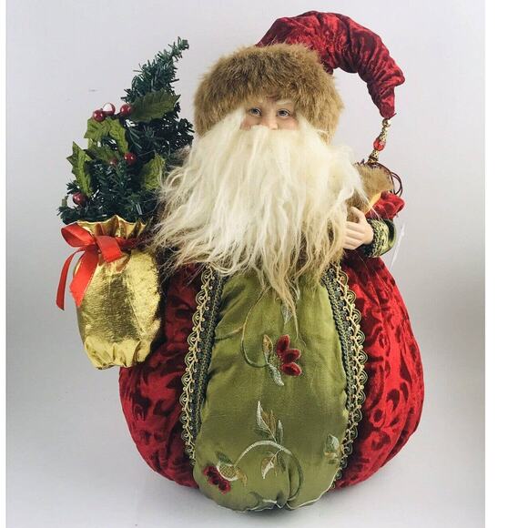 CHRISTMAS FOLK SANTA CLAUS WINTER FUR TRIM COAT SACK 15" PUFFY ELEGANT ROUND LG - Picture 1 of 12